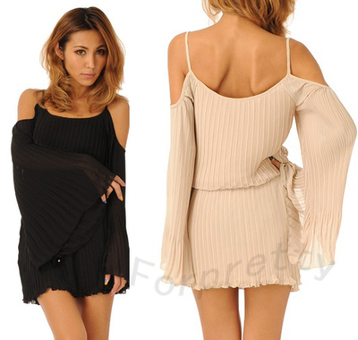 Sexy Chic Trumpet Sleeve Off-shoulder Halter Pleated Chiffon MIni Short Dress