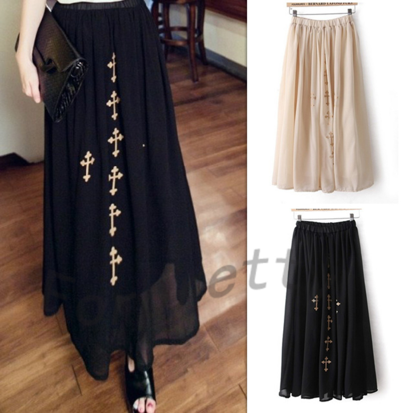 Women High Waist Bronzing Cross Print Chiffon Maxi Long Skirt