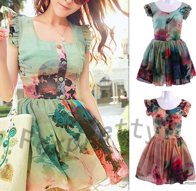 Sexy Chic Abstract Ink Painting Halo Ear Cuff High Waist Chiffon Short Dress