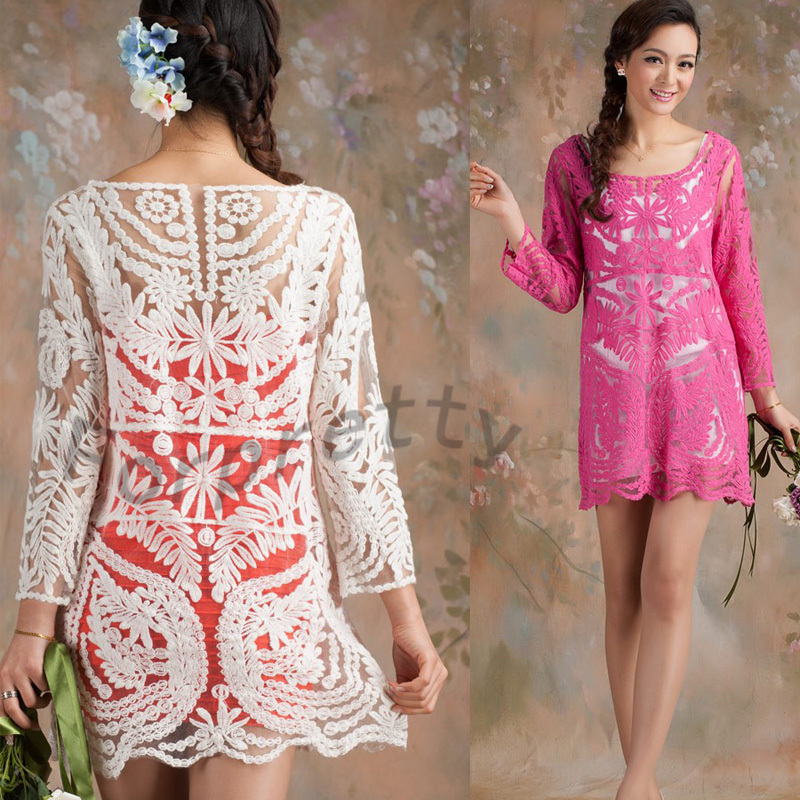 Crop Sleeve Semi See Through Embroidery Floral Lace Crochet Mini Short