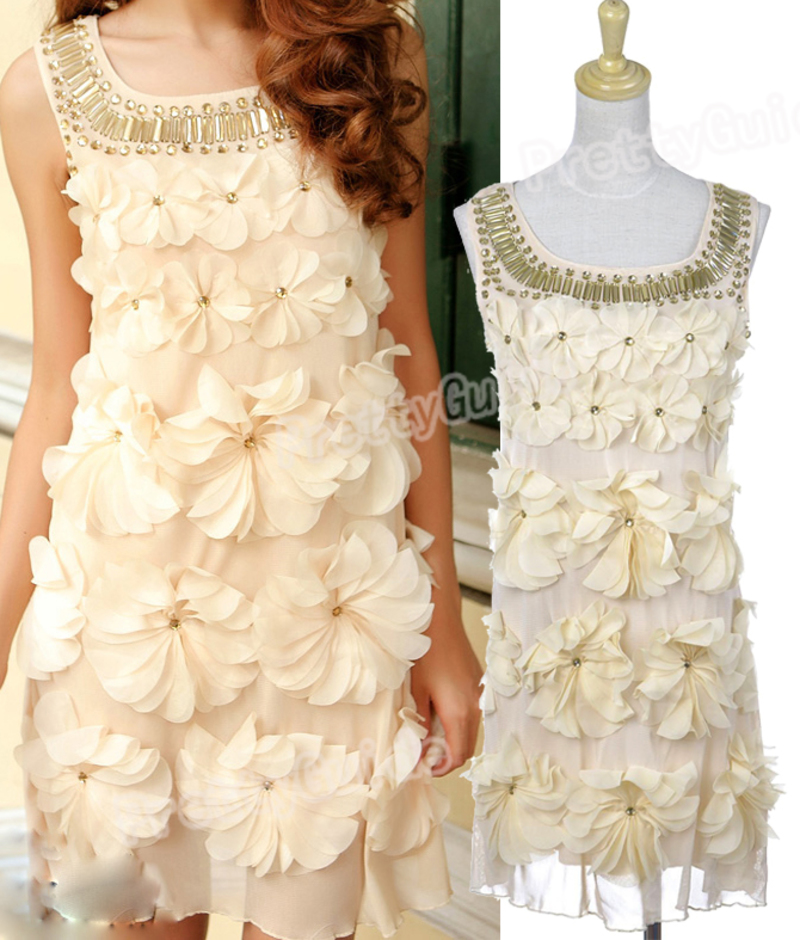 3D Wild Flower Petal Detail Gem Stone Bead Neckline Shift Dress eBay