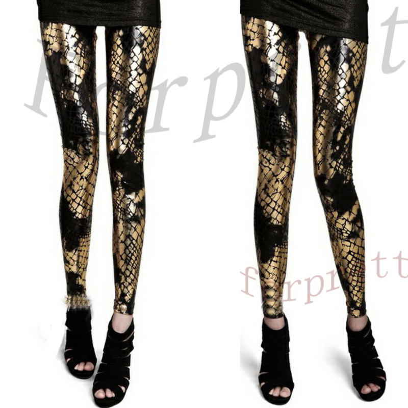 Women Rock Punk Funky Sexy Black/Gold Snake Bodycon Leggings Tights