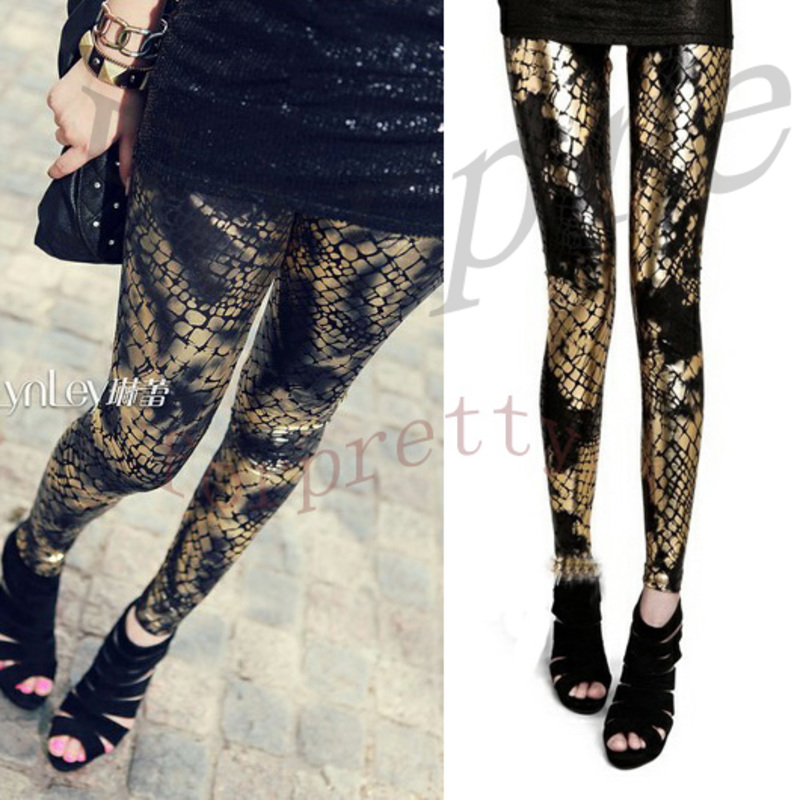 Women Rock Punk Funky Sexy Black/Gold Snake Bodycon Leggings Tights Pants