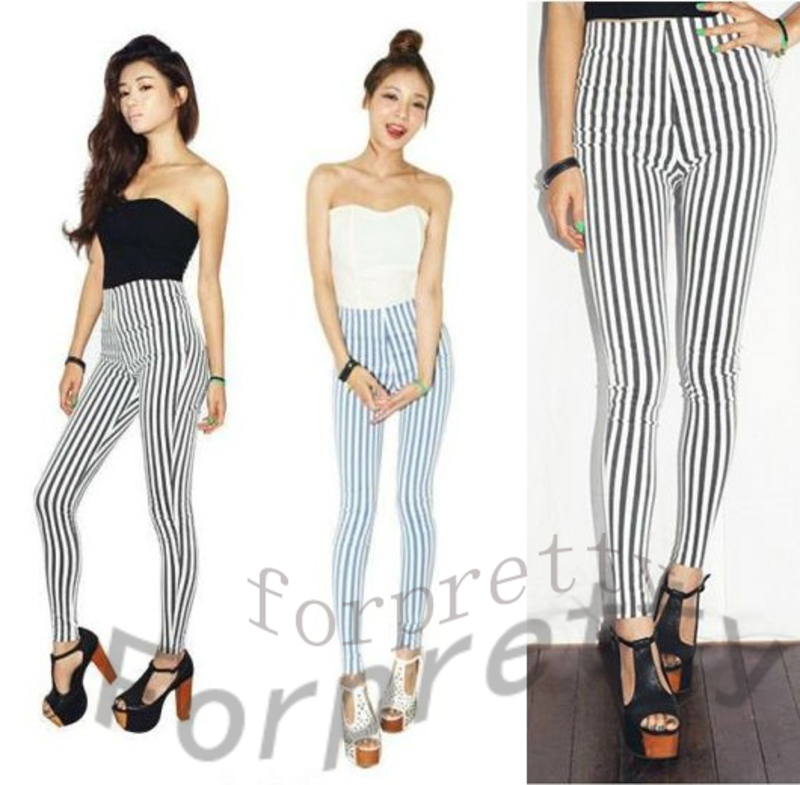 Sexy Black Blue High Waisted Striped Skinny Trousers Pants Leggings Tights
