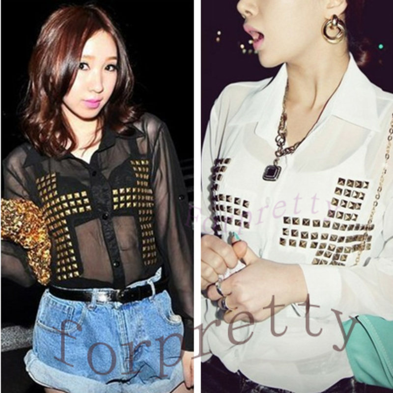 Punk Bare Back Oversized Cross Rivets See Through Chiffon Sheer Shirt Blouse