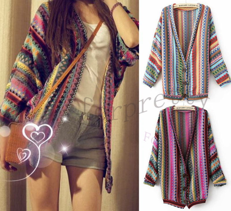 Women Boho Ethnic Rainbow Weave Stripe Knit V Neck Sweater Cardigan