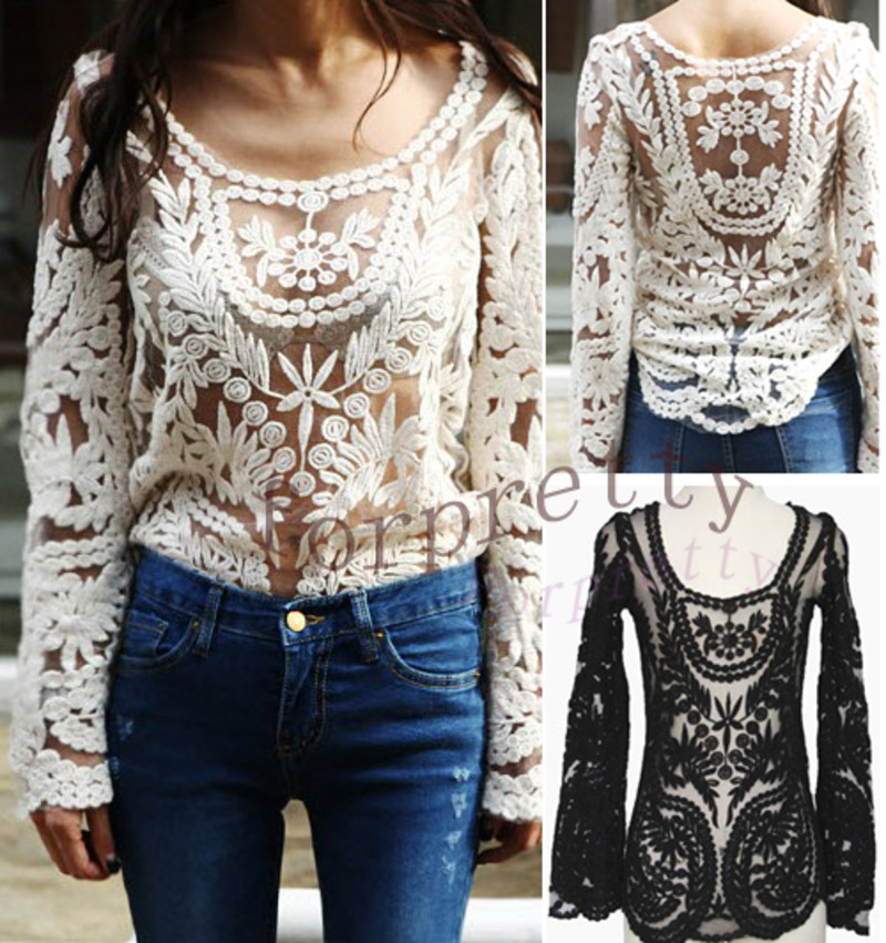 Sexy Semi Sheer See Through Sleeve Embroidery Floral Lace Crochet Top T -Shirt