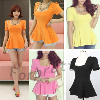 Sexy Heart Square Neck Puff Sleeve Peplum Short Sleeve T-shirt Tops Blouse