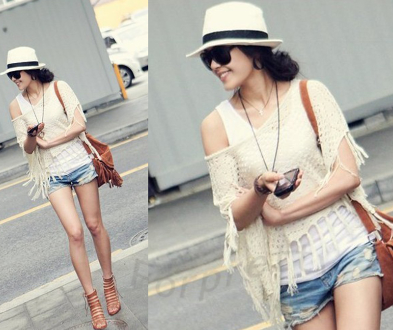 Vintage Floral See Through Lace Tassel Lace Crochet Waistcoat Tops Cape Shawl