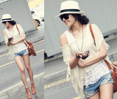 Vintage Floral See Through Lace Tassel Lace Crochet Waistcoat Tops Cape Shawl